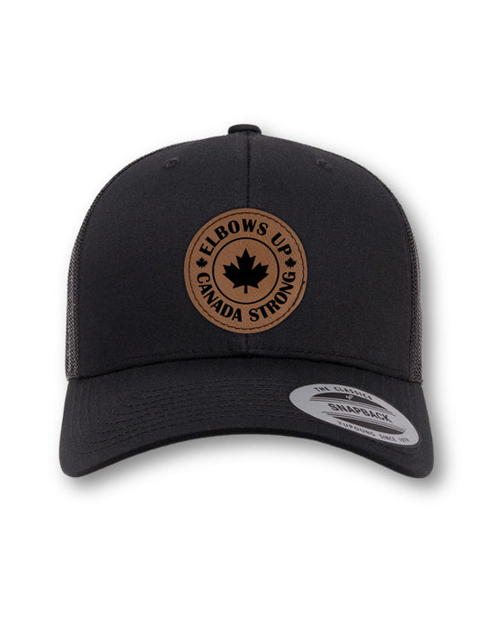 Elbows Up - Canada Strong Round Leatherette Patch on Your Choice of Hat