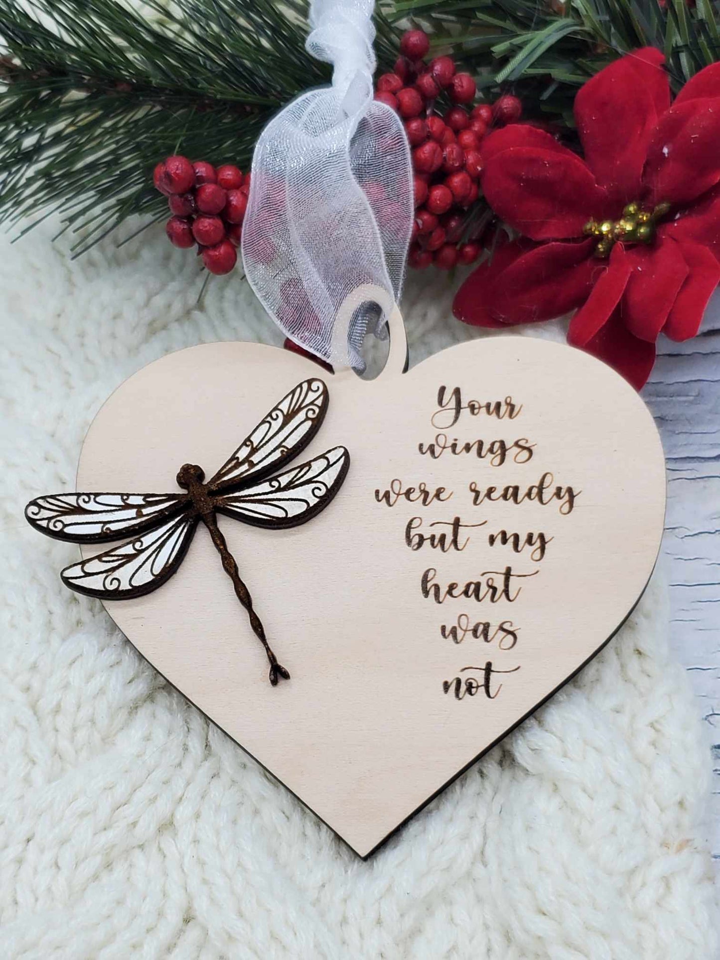 Memorial Heart Ornaments: Angel Wing & Dragonfly Designs