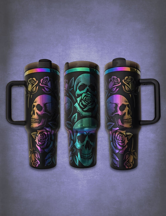 40 oz Tumbler – Engraved Skulls & Roses