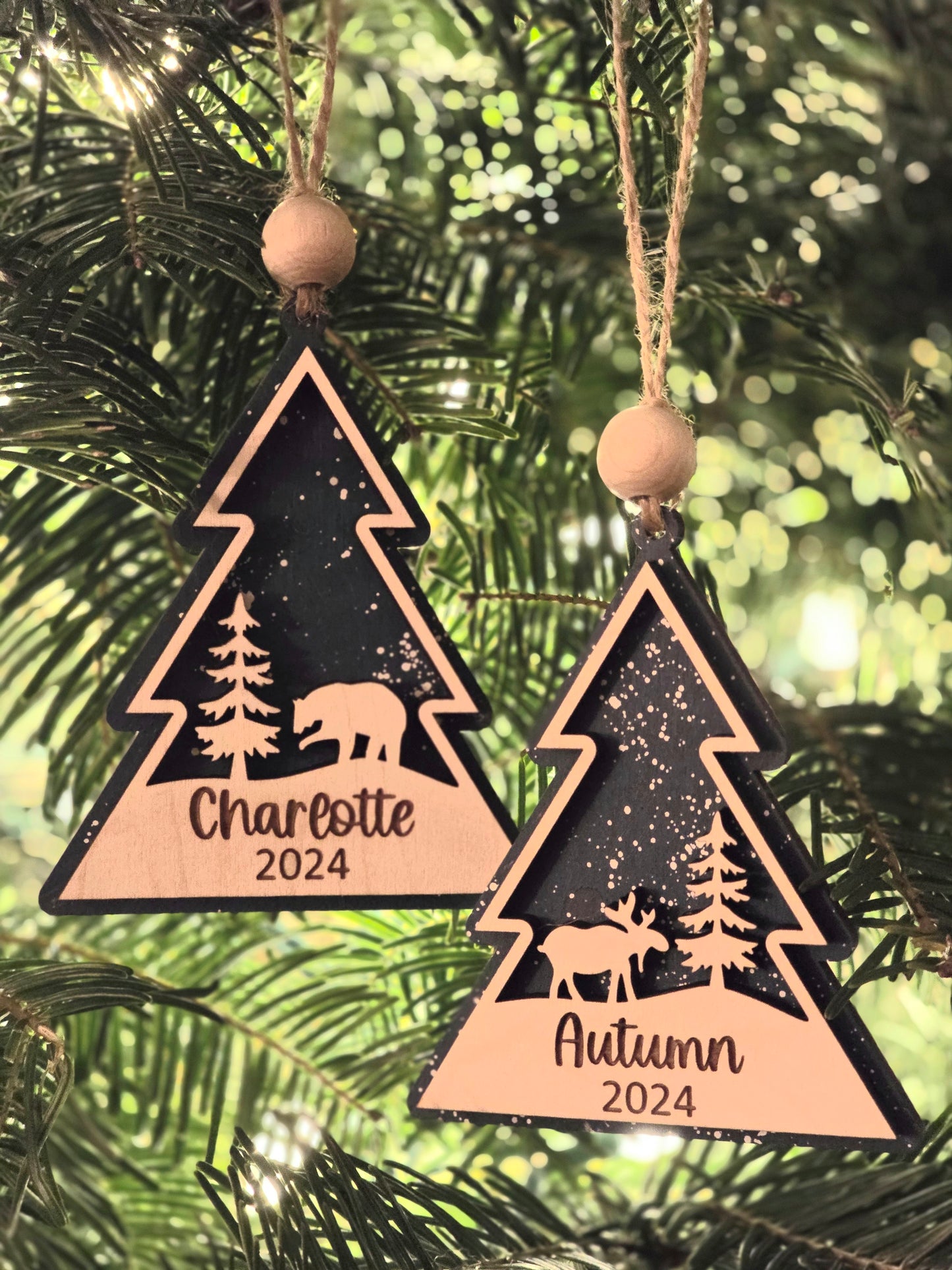 Personalized Woodland Tree Ornaments - Custom 2024 Holiday Keepsakes