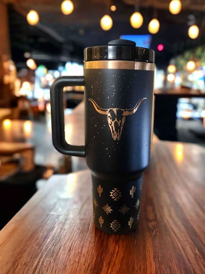 40 oz Tumbler with Copper Engraved Bull Skull Western Style