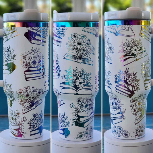 40 oz White Tumbler – Engraved Books & Florals