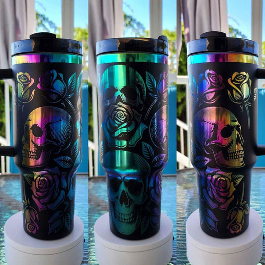 40 oz Tumbler – Engraved Skulls & Roses