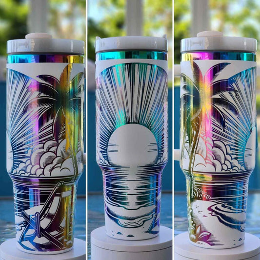 40 oz White Tumbler – Engraved Sunset & Palm Trees