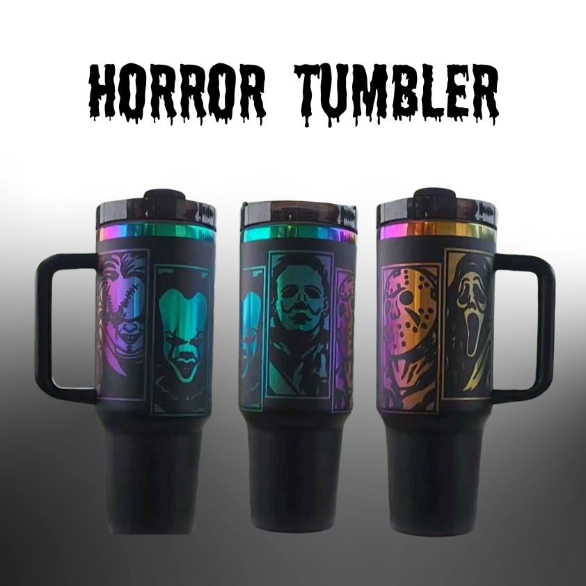 40 oz Tumbler with Oil Slick Engraving of Horror Icons